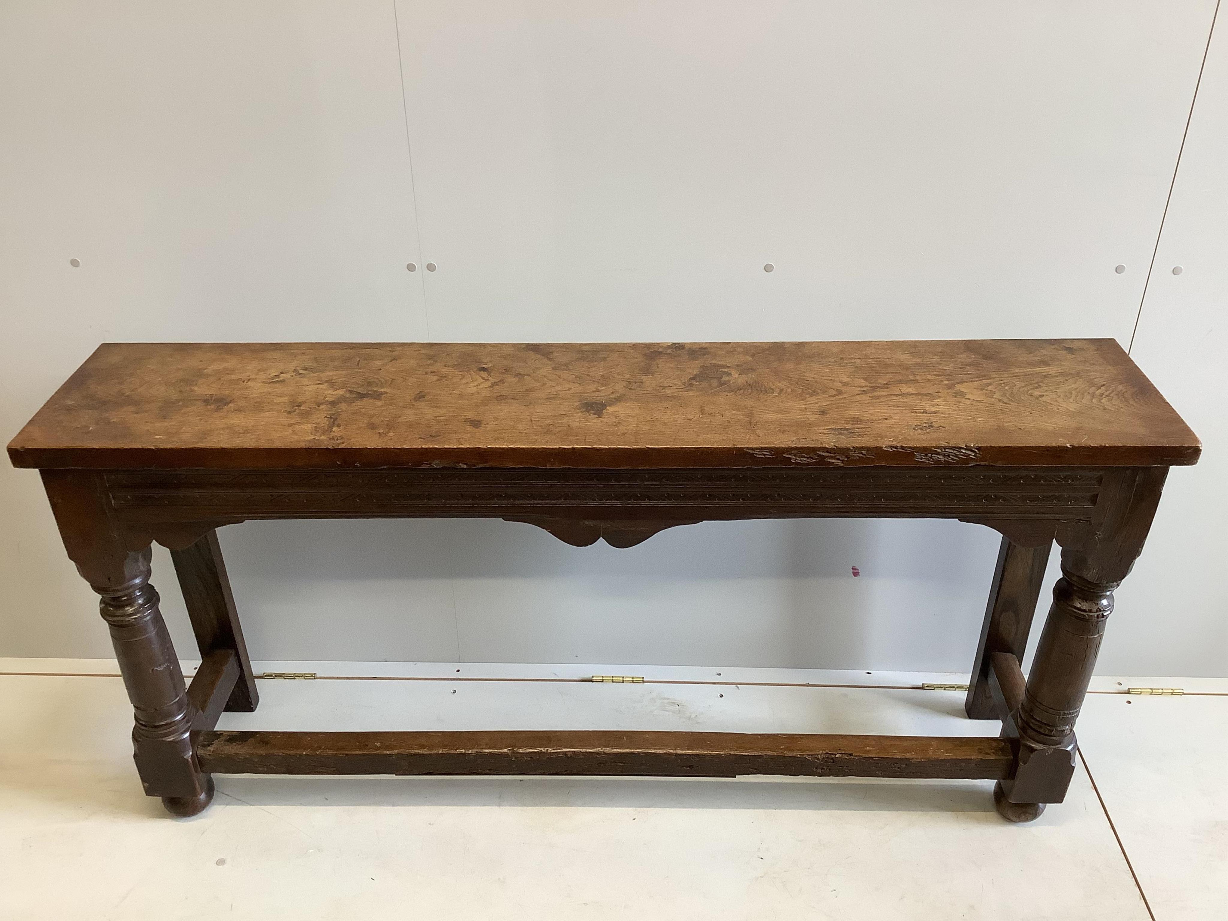 A pair of 18th century style rectangular oak console tables, width 162cm, depth 34cm, height 81cm. Condition - fair